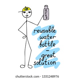 Vector logo design template in linear style. Reusable water bottle is great solution. Doodle icon with picture of cartoon man and motivational quote. Zero Waste illustration poster for shop, market