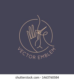 Vector logo design template in linear style - handmade embroidery and fashion - hand holding a needle with thread 
