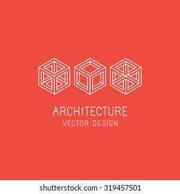 Vector logo design template in linear simple style - emblem and illustration for technology and app development, program architecture, game studio and new media artist - mono line cube icons