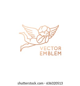 Vector logo design template in linear style - cute baby angel with wings - kid store emblem