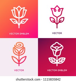 Vector logo design template and monogram concepts in trendy linear style -  flowers and leaves - signs for cosmetics and natural beauty products packaging