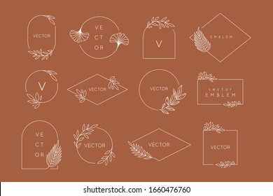 Vector logo design template and monogram concept in trendy linear style - floral frame with copy space for text or letter - emblem for fashion, beauty and jewellery industry, wedding invitation, socia