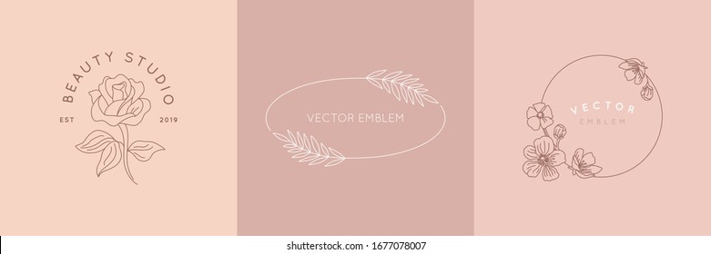 Vector logo design template and monogram concept in trendy linear style - floral frame with copy space for text or letter - emblem for fashion, beauty and jewellery industry