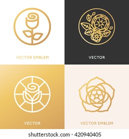 Vector logo design template and monogram concepts in trendy linear style and golden colors - rose flowers with leaves - cosmetics and beauty signs