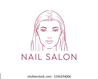 Vector logo design template for nail salon. Woman's face. Abstract emblem for cosmetics and beauty products.