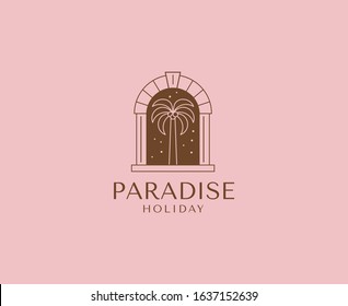 Vector logo design template with palm tree - abstract summer and vacation badge and emblem for holiday rentals, travel services, tropical spa and beauty studios