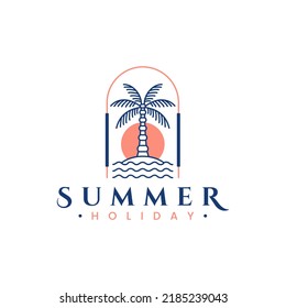 
Vector logo design template with palm tree. abstract summer and vacation badge and emblem for holiday rentals in trendy linear style
