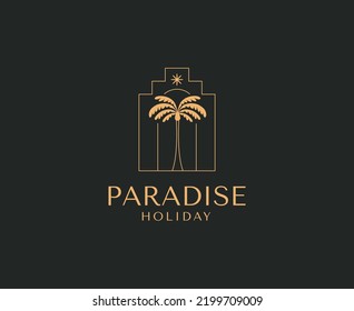 Vector logo design template with palm tree - abstract summer and vacation badge and emblem for holiday rentals, travel services, tropical spa and beauty studios