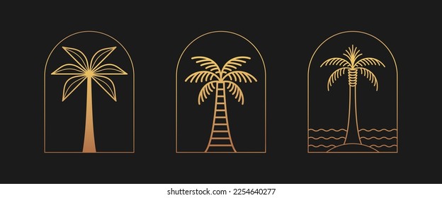 Plantilla de diseño de logotipo vectorial con palmera - insignia abstracta de verano y vacaciones y emblema para alquileres vacacionales, servicios de viajes, spa tropical y estudios de belleza