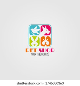 Vector logo design template for pet shops, veterinary clinics and homeless animals shelters - flat icons of dogs, rabbit, and bird - badges for websites and prints.