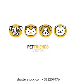 Modelo de design de logotipo vetorial para lojas de animais, clínicas veterinárias e abrigos de animais sem-teto - ícones de linha mono de gatos e cães - emblemas para sites e impressões