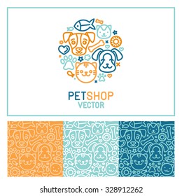 Modelo de design de logotipo vetorial para lojas de animais, clínicas veterinárias e abrigos de animais sem-teto - círculo feito com ícones de linha mono de gatos e cães - emblema círculo e padrões sem costura para embalagem