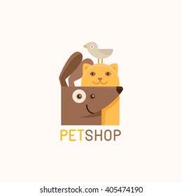 Vector logo design template for pet shops, veterinary clinics and homeless animals shelters -cat, dog and bird - friendly pets - badge for websites and prints 