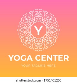 Vector logo design template pink  background. Emblem with mandala floral ornament. Luxury beauty spa concept. For yoga studio, holistic medicine center, natural and organic food products and packaging