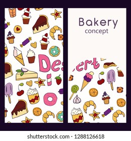 Vector  logo design template and seamless pattern in doodle style for packaging. Bakery concept. Vector illustration.