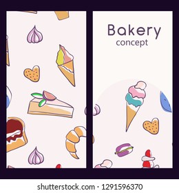 Vector logo design template and seamless pattern in doodle style for packaging. Bakery concept. Vector illustration. 