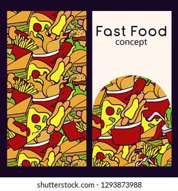 Vector logo design template and seamless pattern in doodle style for packaging. Fast food concept. Vector illustration.
