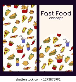Vector logo design template and seamless pattern in doodle style for packaging. Fast food concept. Vector illustration.