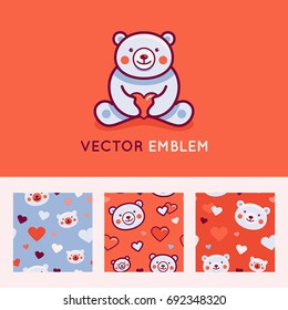 Vector logo design template and seamless patterns in cartoon flat linear style - little smiling bear holding red heart - love and care concept -  emblem, mascot, sticker or badge for kids store