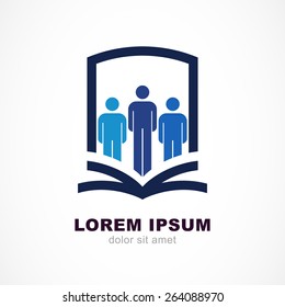 Vector logo design template. Shield, people silhouette and open book symbol. Education, study concept.