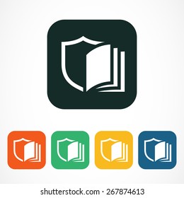 Vector logo design template.  Shield and open book line symbol in colorful square. Business technology, education, study concept.
