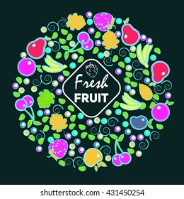 Vector logo design template for shops and cafes Healthy Eating - circle made with mono line icons of fresh fruit  - circle for badge advertising