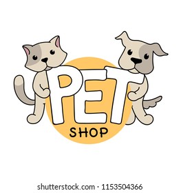Vector logo design template, signboard concept with cat and dog, emblem, label design for pet shop (store), veterinary clinic, pets care and goods, homeless animal shelter. Hand drawn lettering