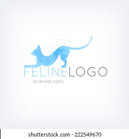 Vector logo design template with silhouette of playful oriental cat with watercolor texture