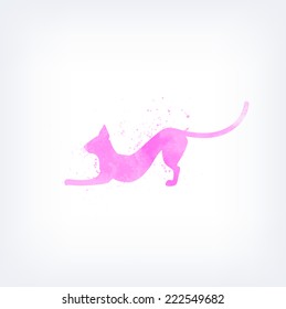 Vector logo design template with silhouette of playful oriental cat with watercolor texture