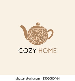 Vector logo design template in simple linear style - home decor store emblem, scandinavian and minimal interior decoration, accessories and objects - teapot with leaves