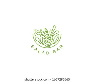 Vector logo design template in simple linear style - green salad emblem - healthy fresh food sign