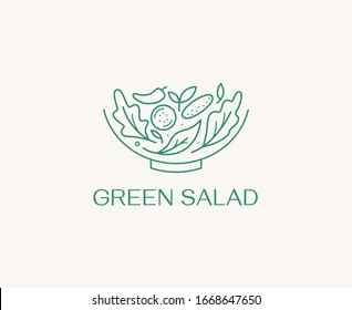 Vector Logo Design Template In Simple Linear Style - Green Salad Emblem - Healthy Fresh Food Sign