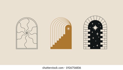 Vector logo design template in simple minimal style, magical and mystical symbols, tattoo signs - entrances, doors and windows with steps and staircases