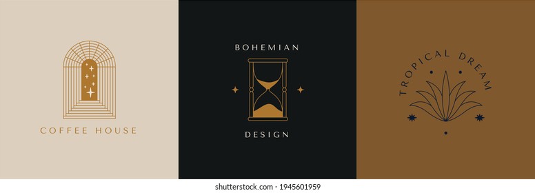 Vector logo design template in simple minimal style, magical and mystical symbols, tattoo signs