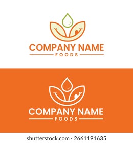 Plantilla de diseño de logotipo de Vector en estilo lineal simple - emblema de hoja verde - signo de comida fresca saludable - gota de agua líquida con diseño de logotipo de sonrisa. El logotipo del restaurante Happy Food es adecuado para su negocio