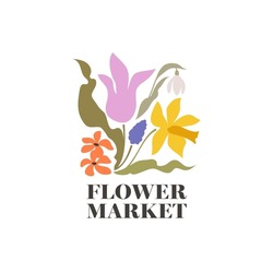 Vector Logo Design Template Of Spring Flowers Like Tulip, Daffodil, Snowdrop, Primrose And Grape Hyacinth. Elegant Simple Style Emblem For Flower Market Or Florist Shop