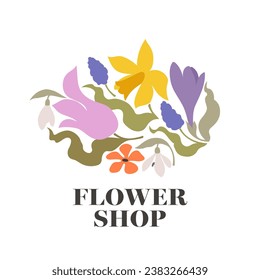 Vector logo design template of spring flowers like tulip, daffodil, snowdrop, primrose and grape hyacinth. Elegant simple style emblem for flower market or florist shop