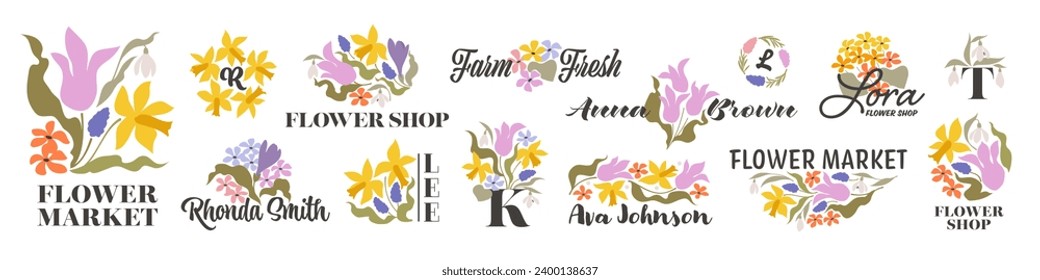 Vector logo design template of spring flowers like tulip, daffodil, primrose and snowdrops. Collection of elegant premade emblems for flower market or florist shop
