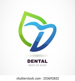 Vector logo design template. Tooth icon, abstract letter D symbol and green leaf. Dental clinic, medicine concept.