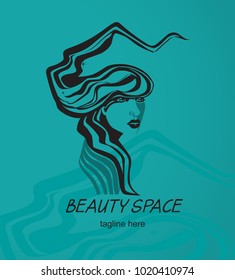 Vector logo design template in trendy style with female face - abstract beauty symbol for hair salon or spa, massage, cosmetic shop.