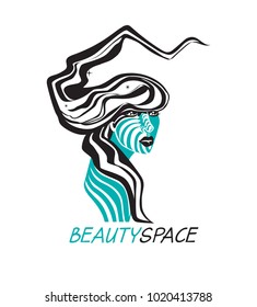 Vector logo design template in trendy style with female face - abstract beauty symbol for hair salon or spa, massage, cosmetic shop.