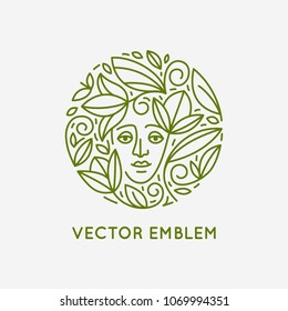 Vector logo design template in trendy linear style with female face - abstract beauty symbol for hair salon or organic cosmetics 