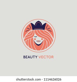 Vector logo design template in trendy linear style with female face - abstract beauty symbol for hair salon or organic cosmetics 