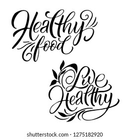 Vector logo design template in trendy linear style with hand-lettering - eat healthy - vegetarian and organic food badge or emblem for food packaging - label.