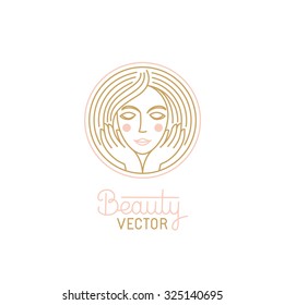 Vector logo design template in trendy linear style with female face - abstract beauty symbol for hair salon or organic cosmetics 