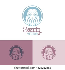 Vector logo design template in trendy linear style with female face - abstract beauty symbol for hair salon or organic cosmetics 