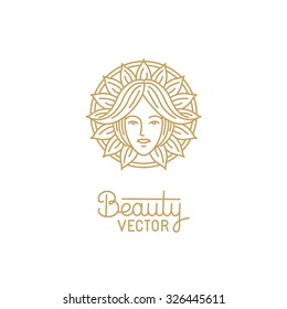 Vector logo design template in trendy linear style with female face - abstract beauty symbol for hair salon or organic cosmetics 