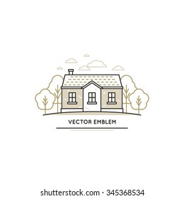 Vector Logo Design Template In Trendy Linear Style - Summer Cottage House With Trees And Clouds