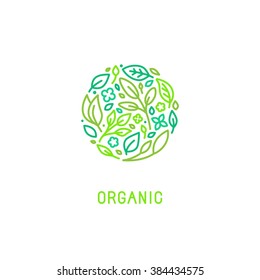 Vector logo design template in trendy linear style with icons - organic concept and badge - green leaves in circle shape - for cosmetics packaging and vegan food 