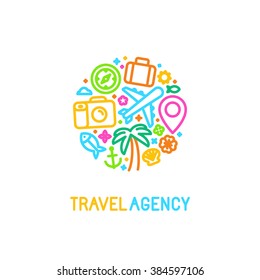 Vector Logo Design Template In Trendy Linear Style With Icons - Travel Agency Emblem And Tour Guide Concepts